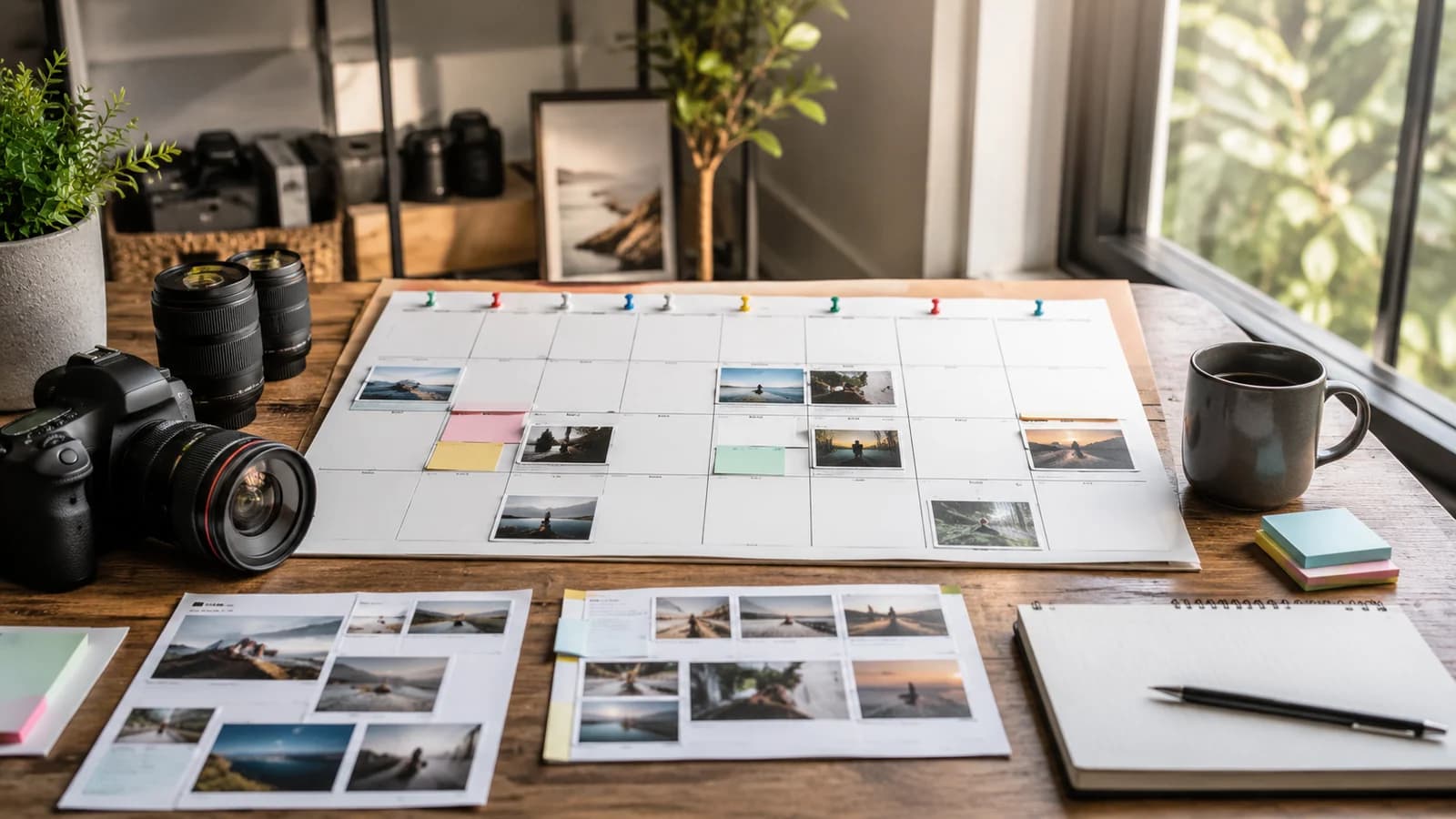 Painel editorial de estratégia de thumbnails para Criar um calendário mensal de thumbnails e títulos