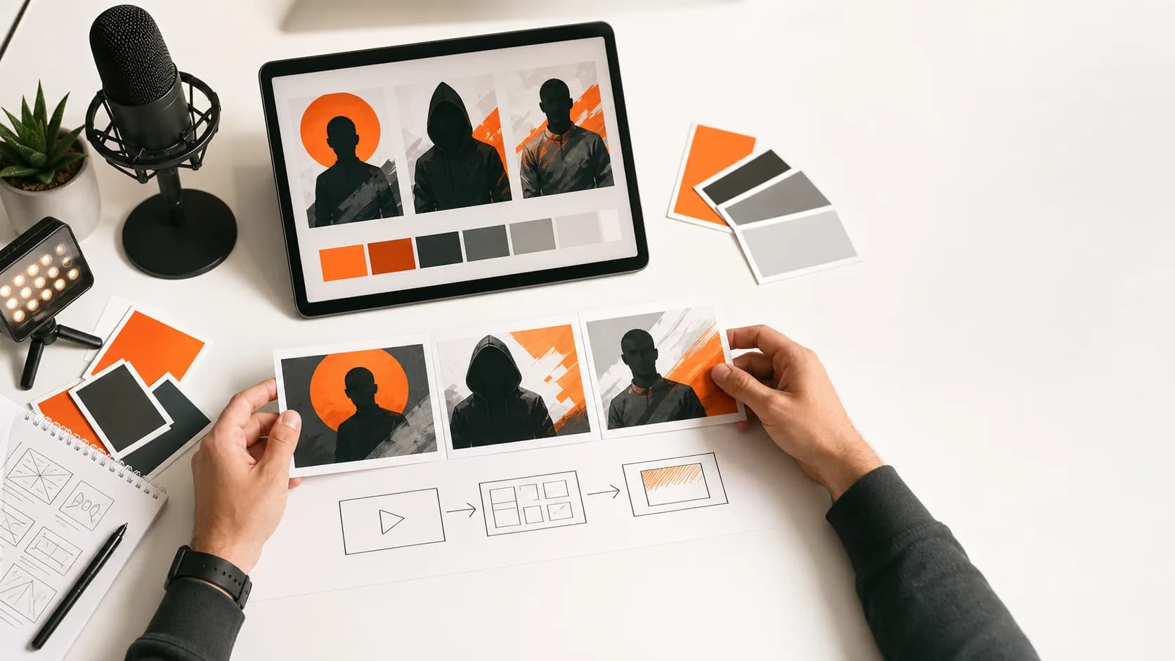 Faceless kanal kapak sistemi için karakter siluetleri, renk kartları ve storyboard düzenleyen yaratıcı masa