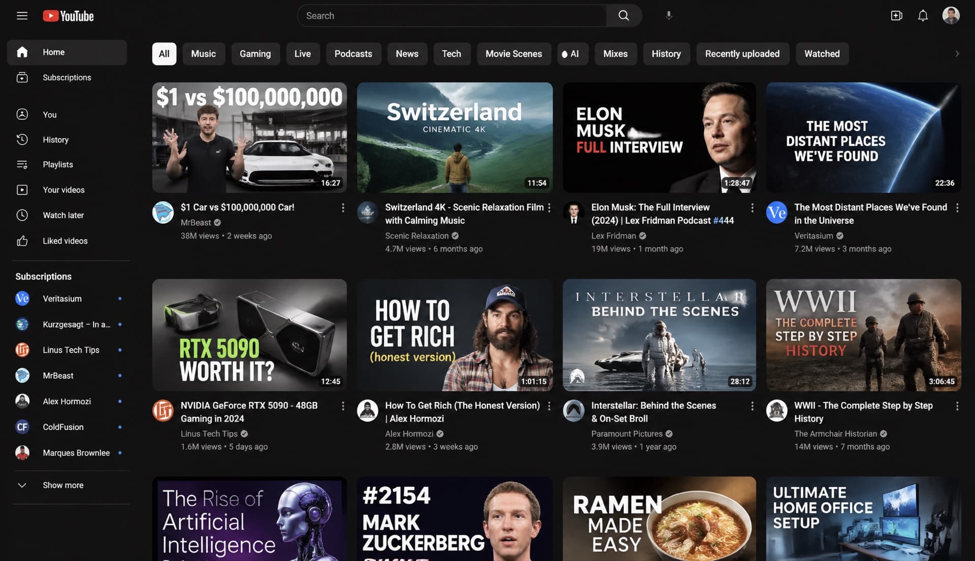 YouTube feed populated with thumbnails